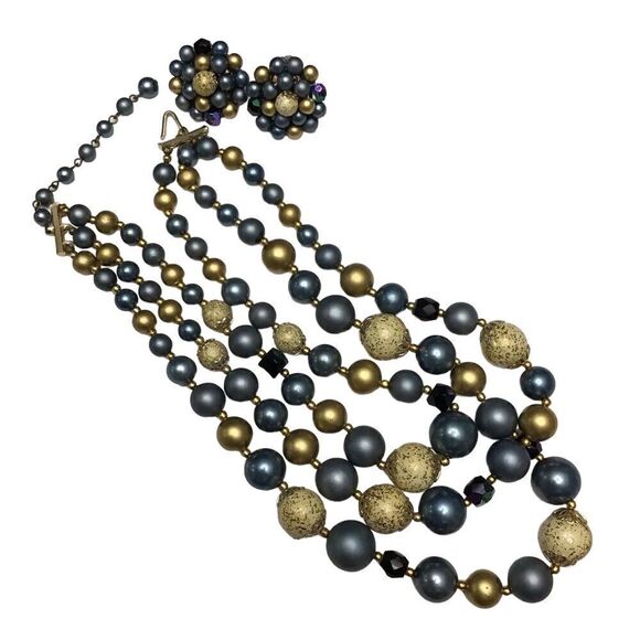 VINTAGE 60’s Blue & Gold Triple Strand Necklace and Clip On Earrings - Picture 2 of 8